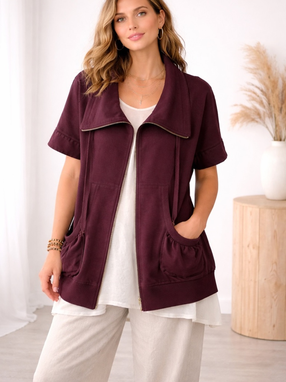 LINQ. Brown Drape Collar Zip Up Lagenlook Artsy Sweater Size M
